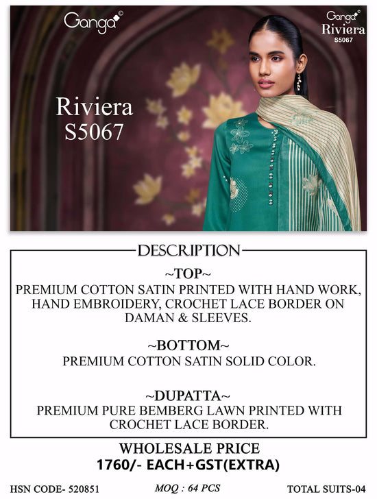 Ganga Fashion Riviera 5067 Premium Cotton Satin Embroidered Dress Material