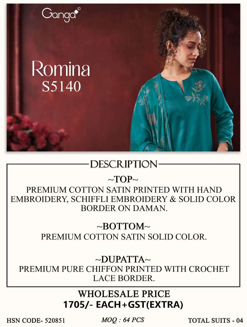 Ganga Fashion Romina 5140 Premium Cotton Satin Dress Material