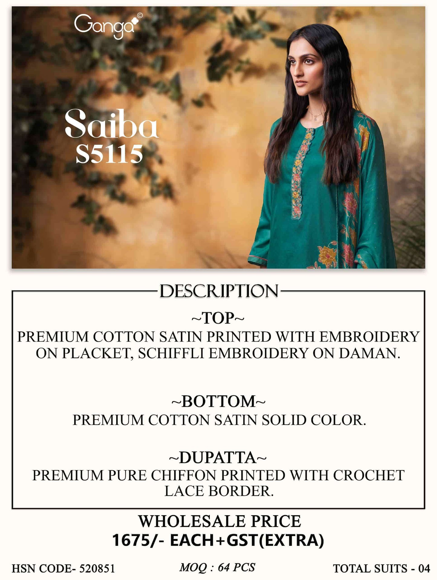 Ganga Fashion Saiba 5115 Cotton Satin Dress Material