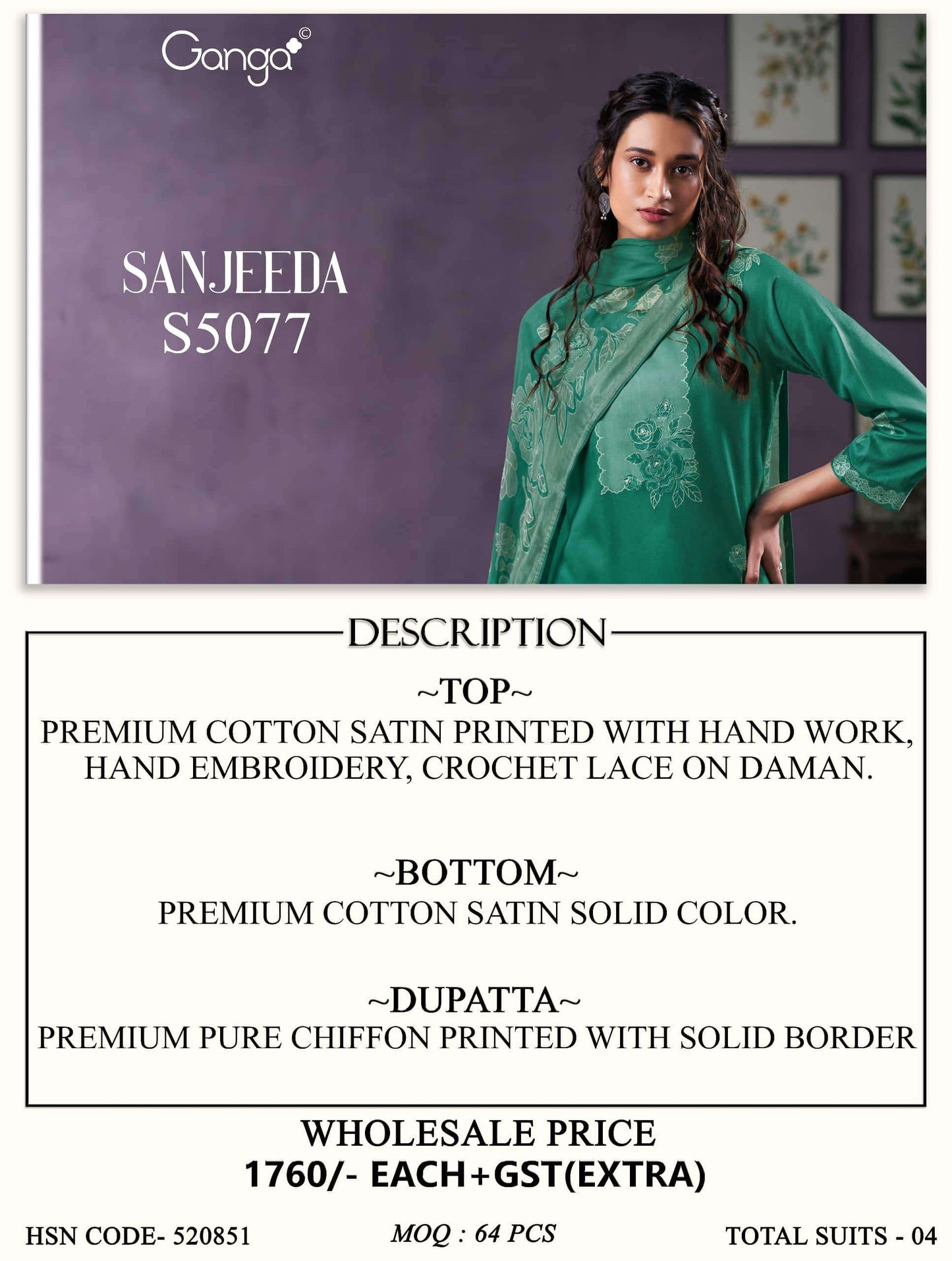 Ganga Fashion Sanjeeda 5077 Premium Cotton Satin Dress Material