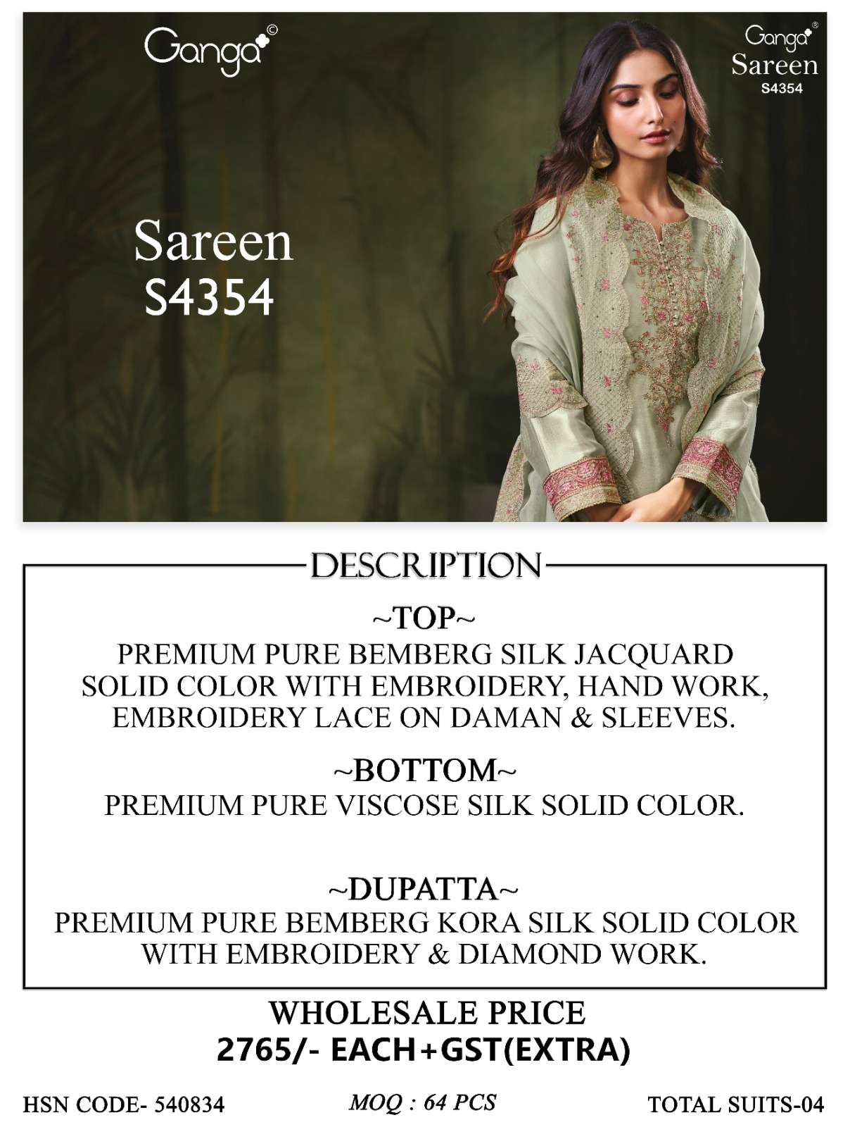 Ganga Fashion Sareen 4354 Pure Bemberg Silk Jacquard Designer Dress Material - Amrah Wholesale