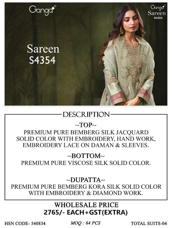 Ganga Fashion Sareen 4354 Pure Bemberg Silk Jacquard Designer Dress Material - Amrah Wholesale