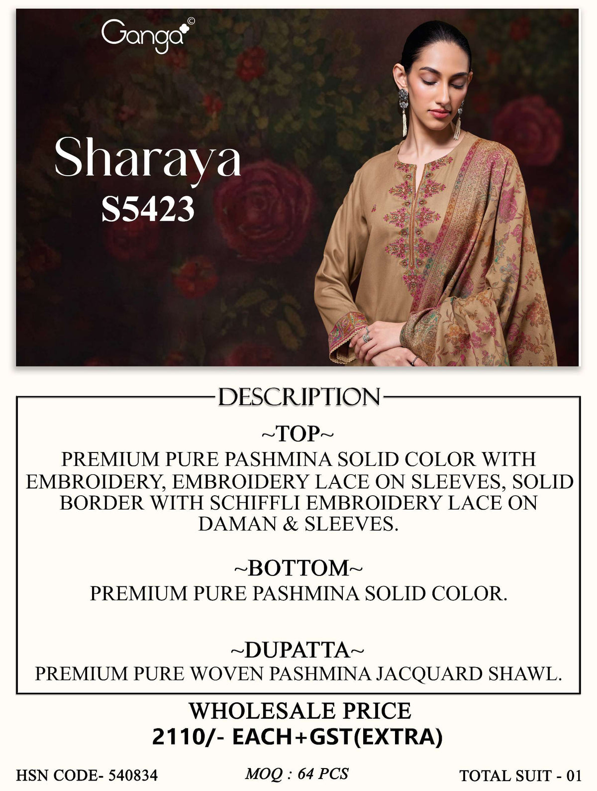 Ganga Fashion Sharaya 5423 Pure Pashmina Salwar Kameez Collection