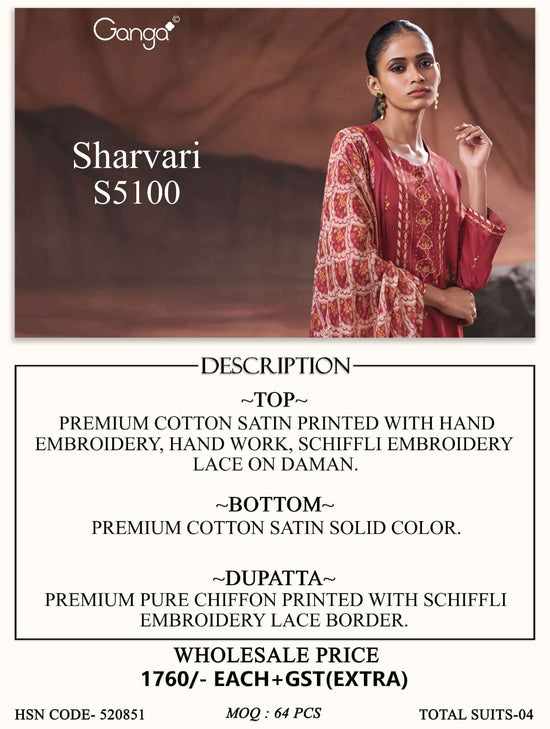 Ganga Fashion Sharvari 5100 Premium Cotton Satin Dress Material - Amrah Wholesale