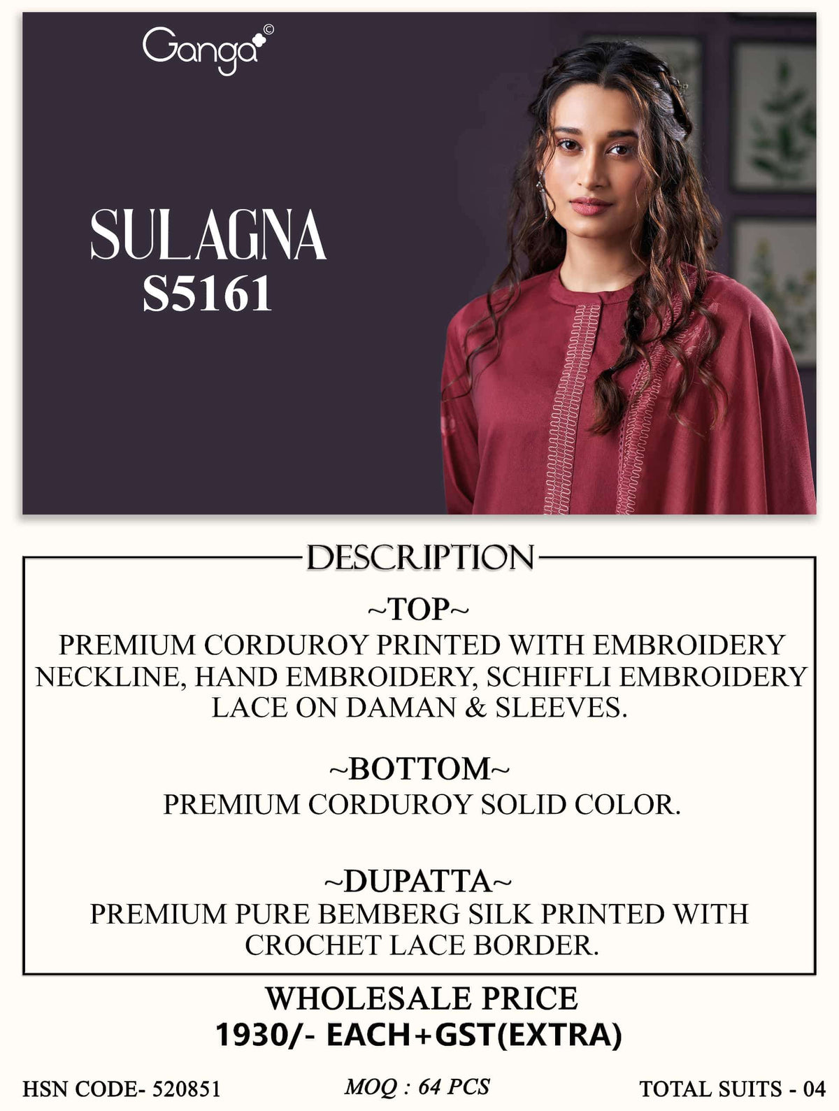 Ganga Fashion Sulagna 5161 Corduroy Embroidered Fancy Dress Material