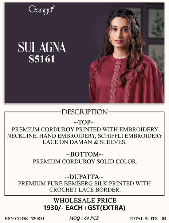 Ganga Fashion Sulagna 5161 Corduroy Embroidered Fancy Dress Material