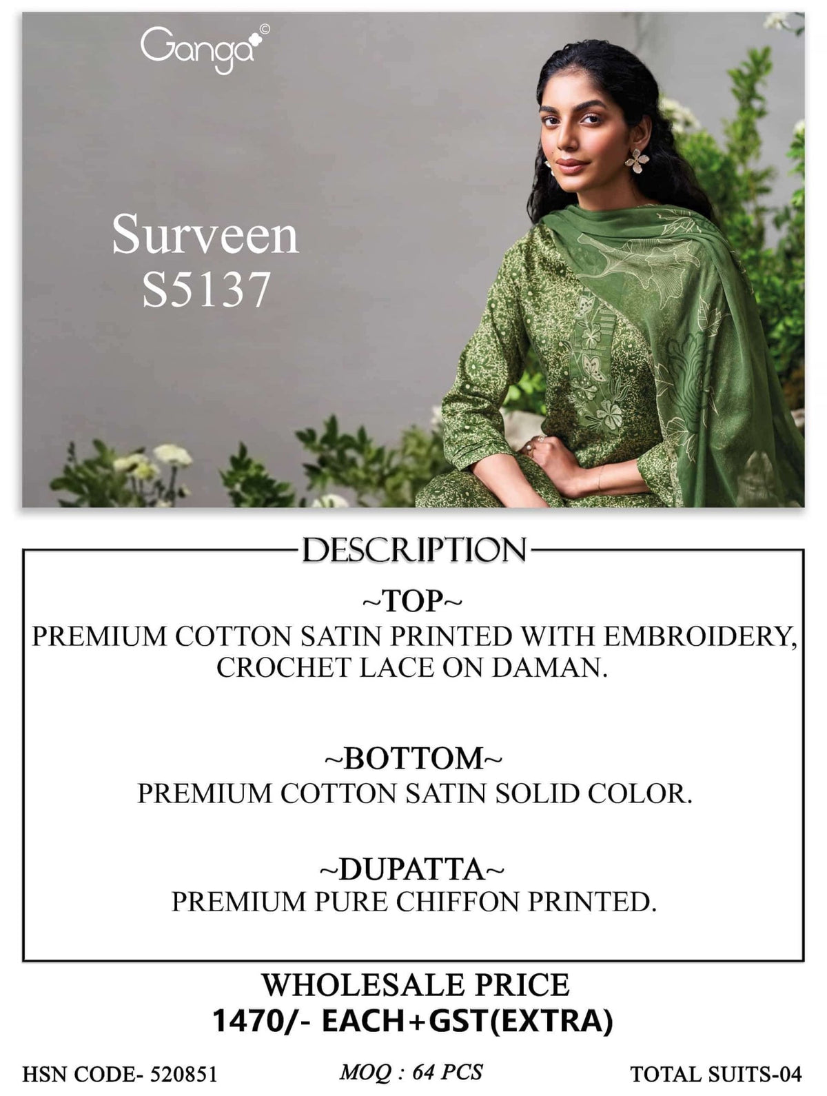 Ganga Fashion Surveen 5137 Premium Cotton Satin Dress Material - Amrah Wholesale