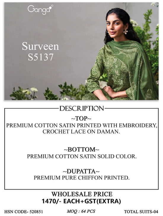 Ganga Fashion Surveen 5137 Premium Cotton Satin Dress Material - Amrah Wholesale