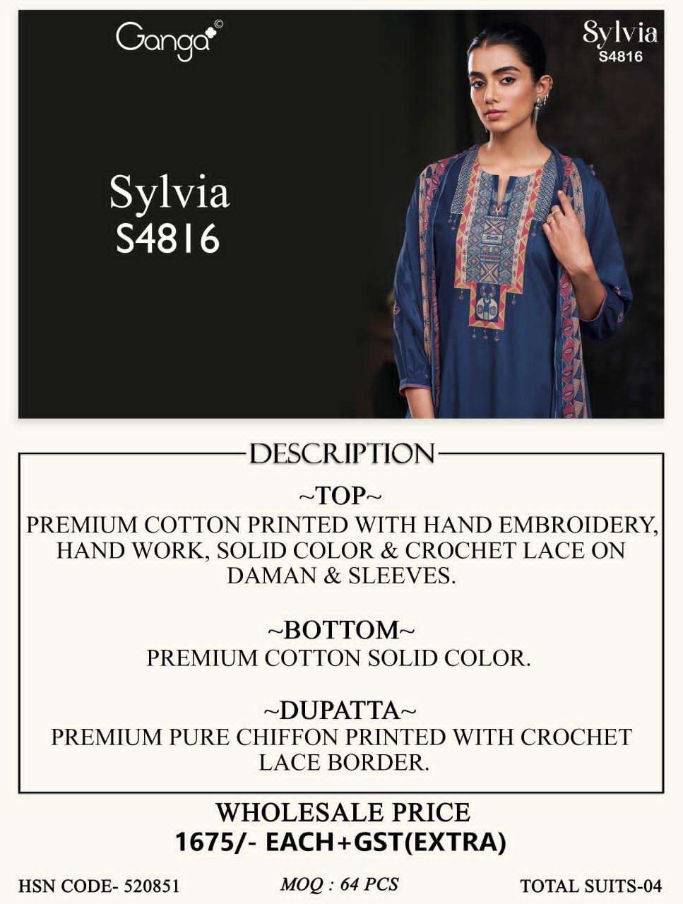 Ganga Fashion Sylvia 4816 Premium Cotton Dress Material - Amrah Wholesale