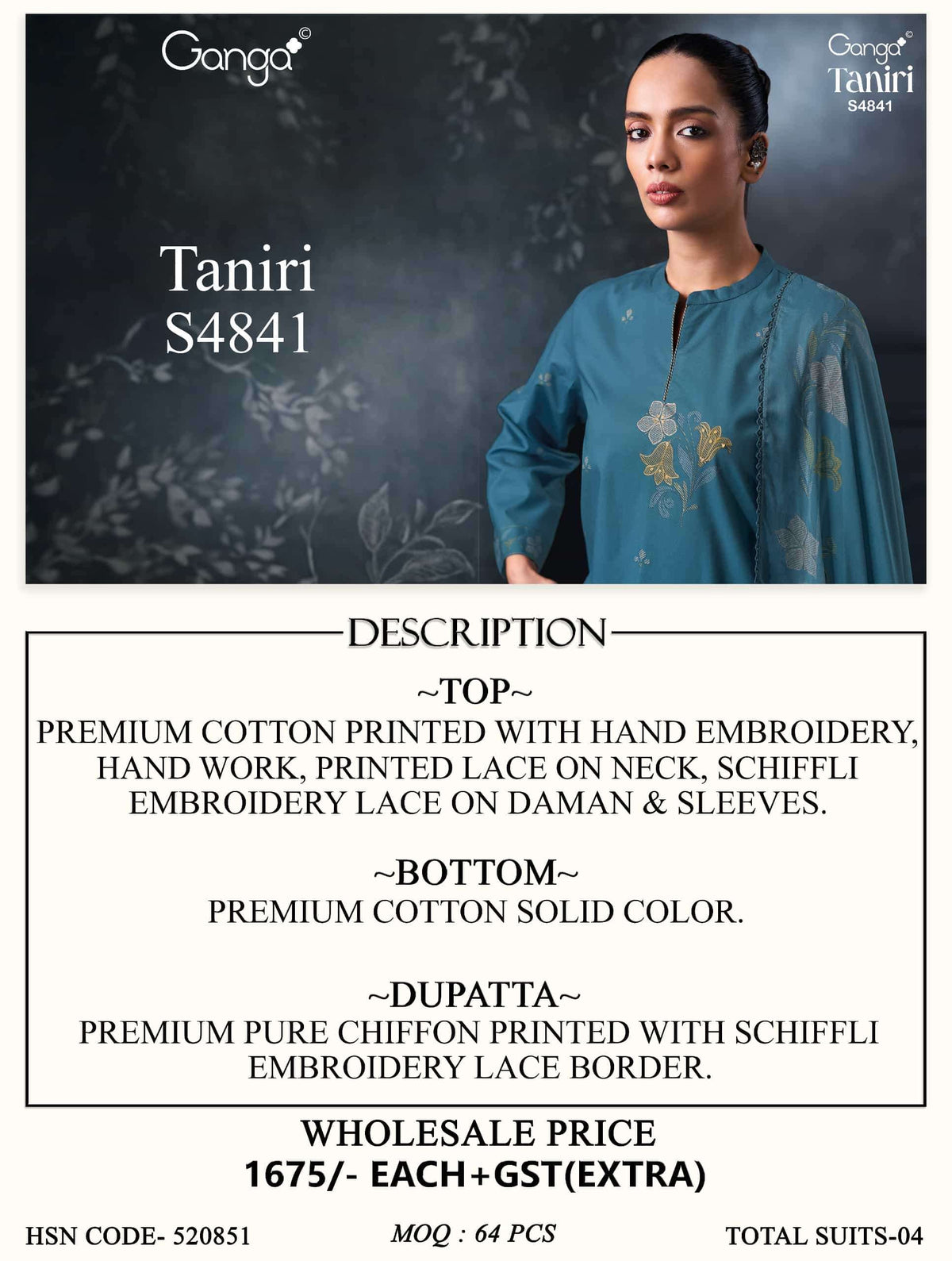Ganga Fashion Taniri 4841 Premium Cotton Hand Embroidered Dress Material