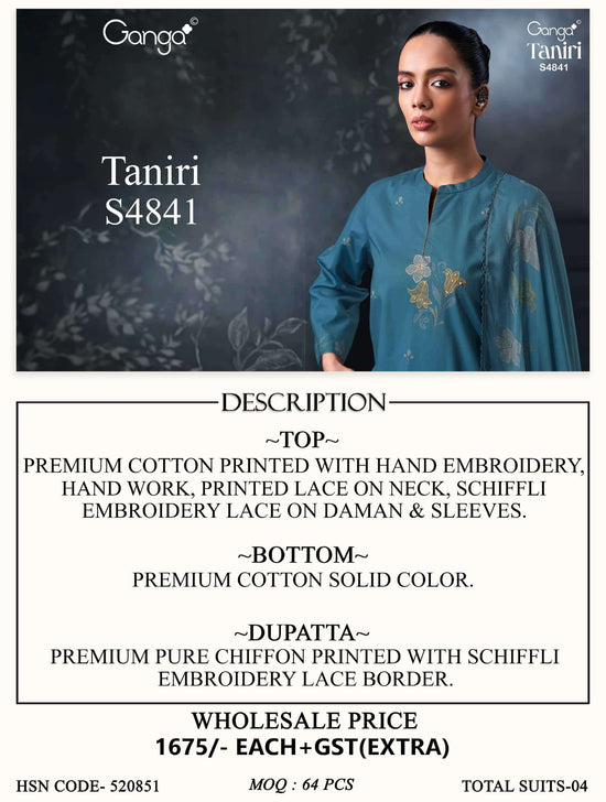 Ganga Fashion Taniri 4841 Premium Cotton Hand Embroidered Dress Material