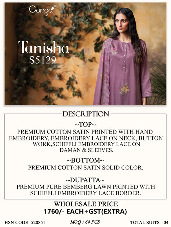 Ganga Fashion Tanisha 5129 Premium Cotton Satin Dress Material - Amrah Wholesale