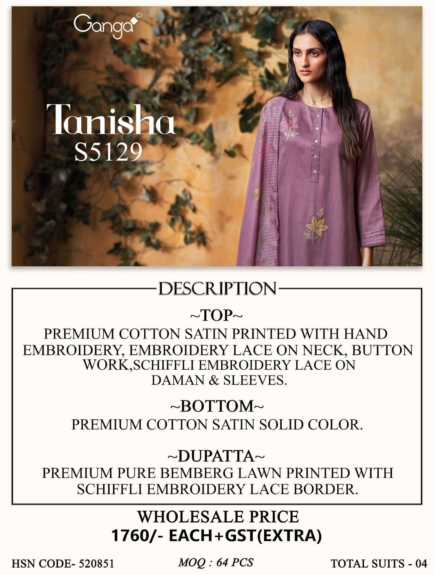 Ganga Fashion Tanisha 5129 Premium Cotton Satin Dress Material