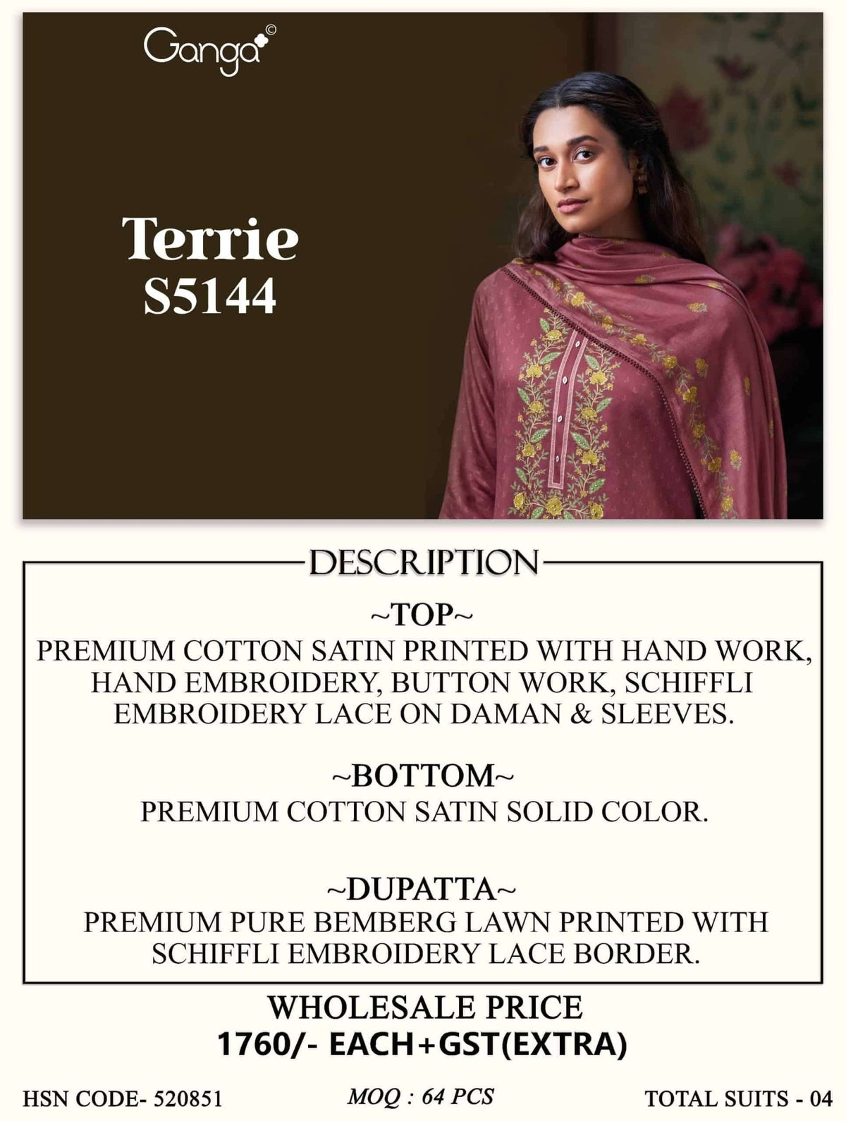 Ganga Fashion Terrie 5144 Cotton Satin Dress Material - Amrah Wholesale
