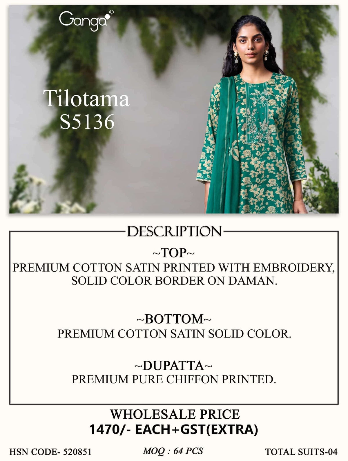 Ganga Fashion Tilotama 5136 Cotton Satin Printed Dress Material - Amrah Wholesale