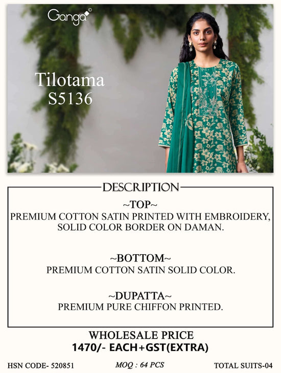 Ganga Fashion Tilotama 5136 Cotton Satin Printed Dress Material - Amrah Wholesale