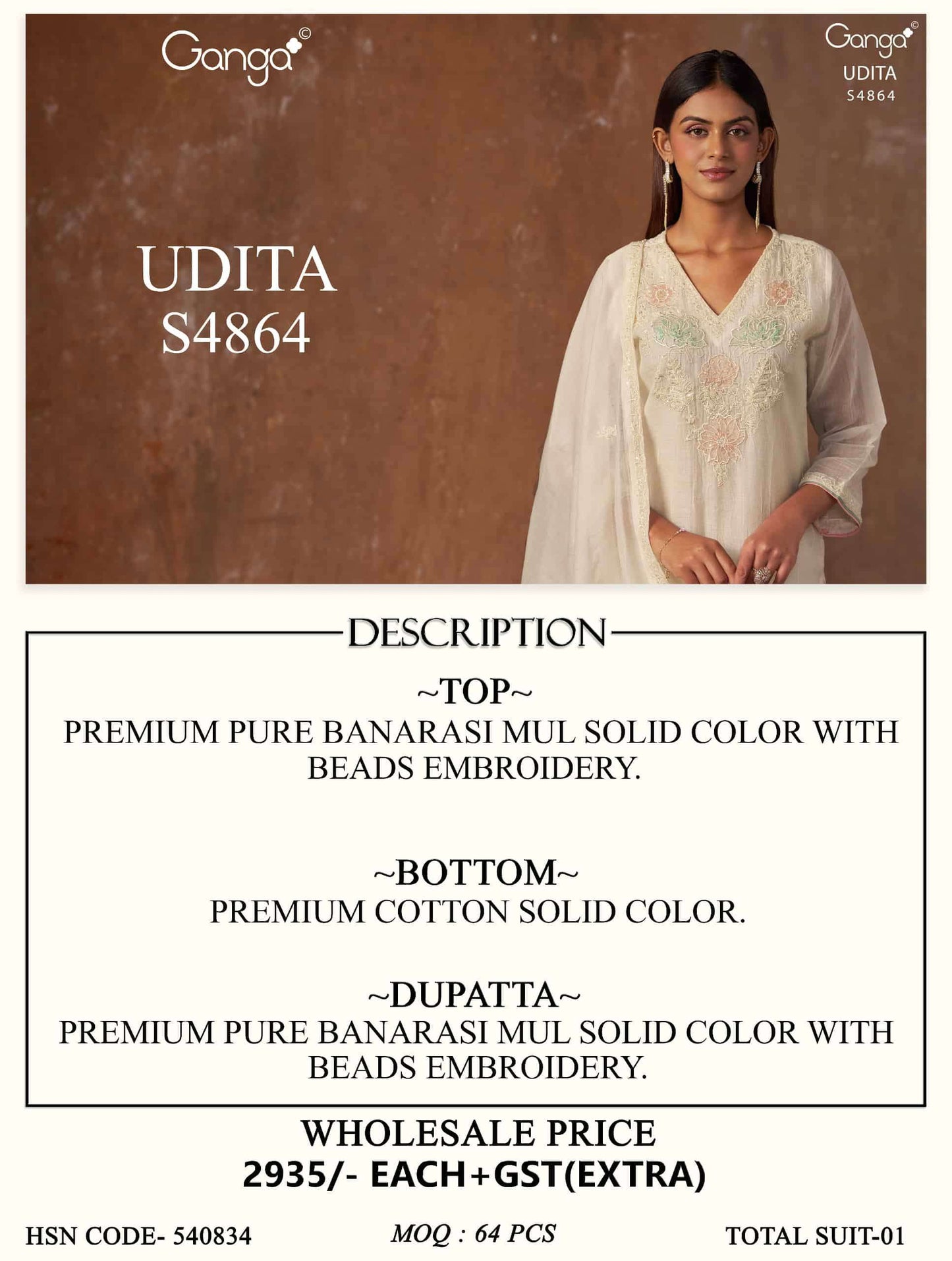 Ganga Fashion Udita 4864 Pure Banarasi Mul Dress Material