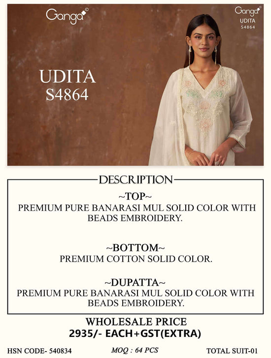 Ganga Fashion Udita 4864 Pure Banarasi Mul Dress Material