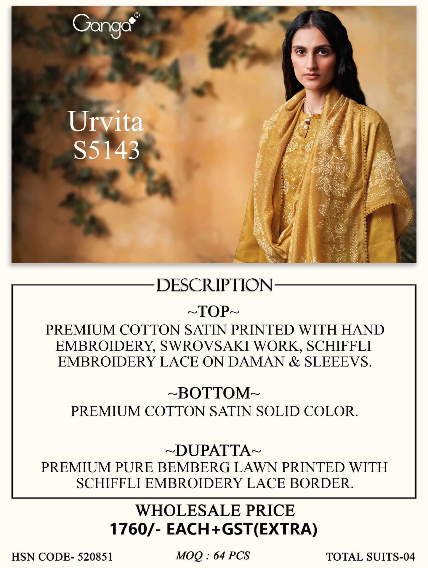 Ganga Fashion Urvita 5143 Premium Cotton Satin Embroidered Dress Material