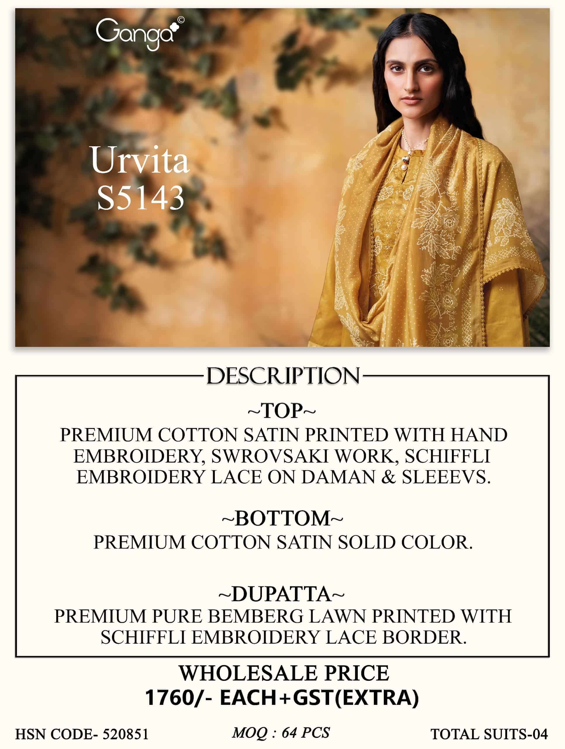 Ganga Fashion Urvita 5143 Premium Cotton Satin Embroidered Dress Material
