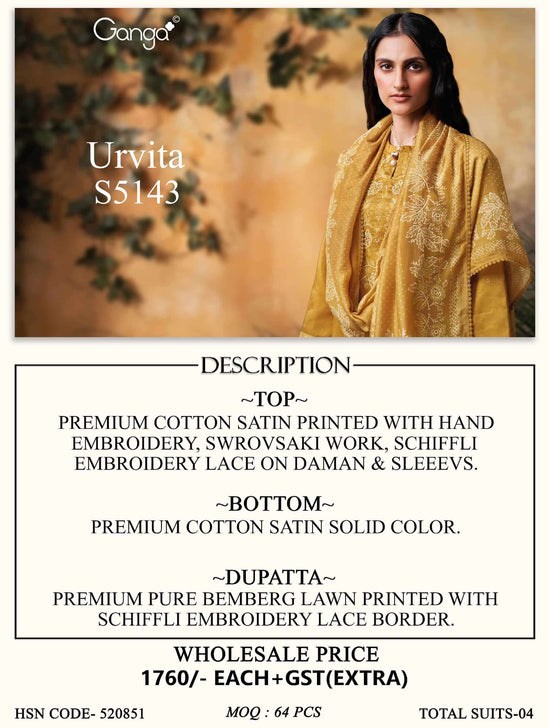 Ganga Fashion Urvita 5143 Premium Cotton Satin Embroidered Dress Material