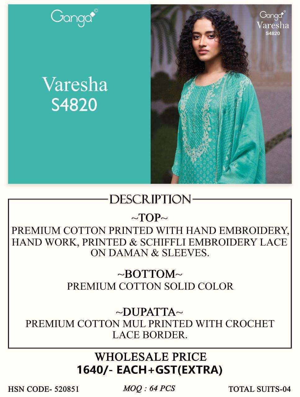Ganga Fashion Varesha 4820 Premium Cotton Dress Material - Amrah Wholesale