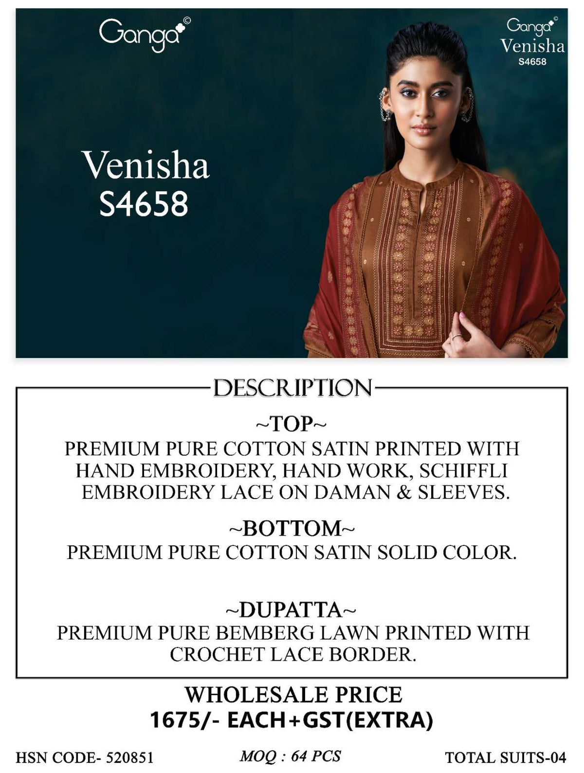 Ganga Fashion Venisha 4658 Pure Cotton Satin Dress Material - Amrah Wholesale