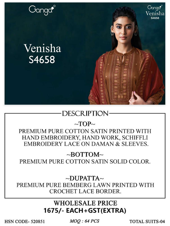 Ganga Fashion Venisha 4658 Pure Cotton Satin Dress Material - Amrah Wholesale