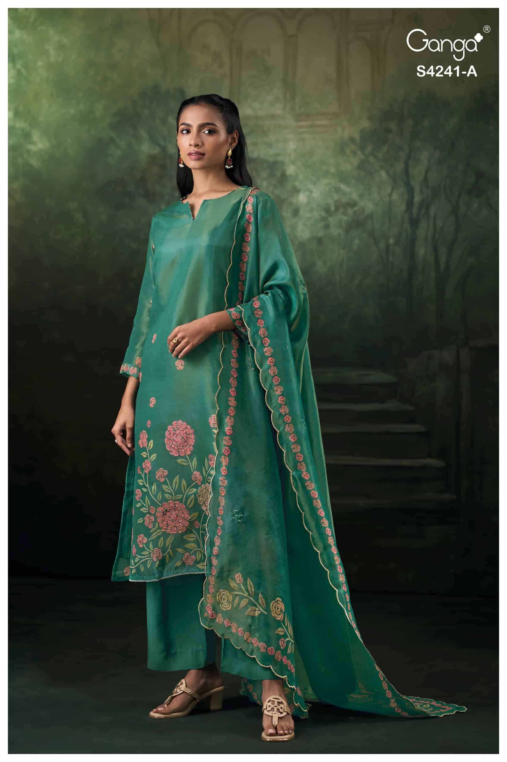 Ganga Fashion Vionara 4241 Pure Bemberg Silk Jacquard Embroidered Salwar Suit Set