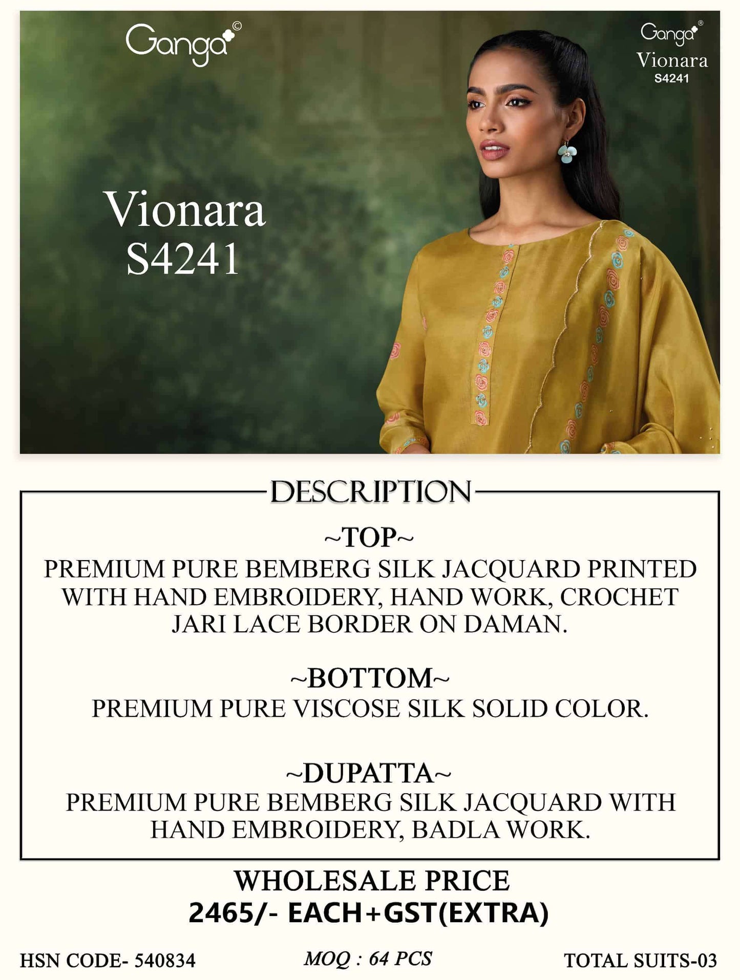 Ganga Fashion Vionara 4241 Pure Bemberg Silk Jacquard Embroidered Salwar Suit Set
