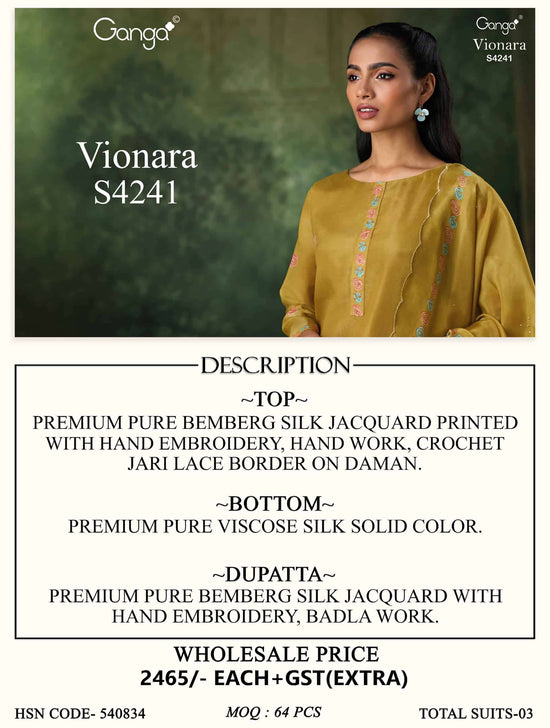Ganga Fashion Vionara 4241 Pure Bemberg Silk Jacquard Embroidered Salwar Suit Set