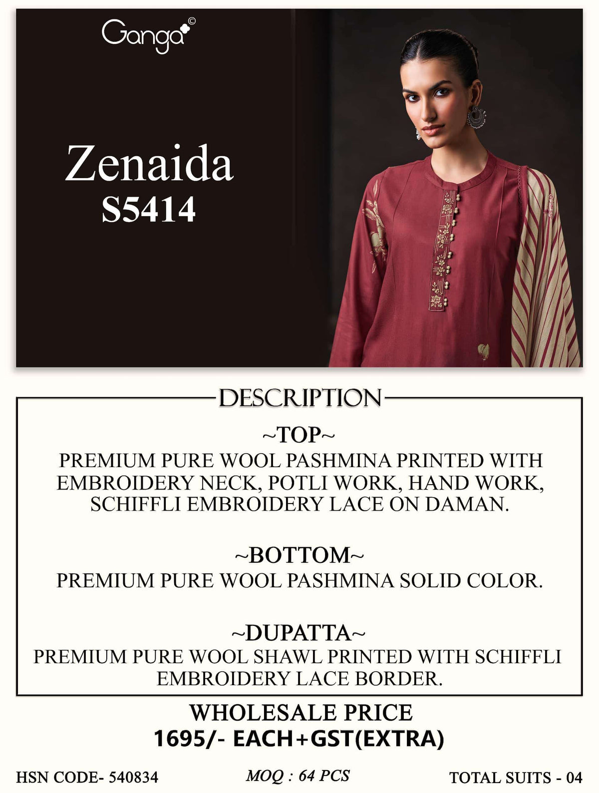 Ganga Fashion Zenaida 5414 Pure Wool Pashmina Dress Material