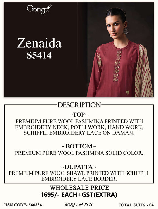 Ganga Fashion Zenaida 5414 Pure Wool Pashmina Dress Material