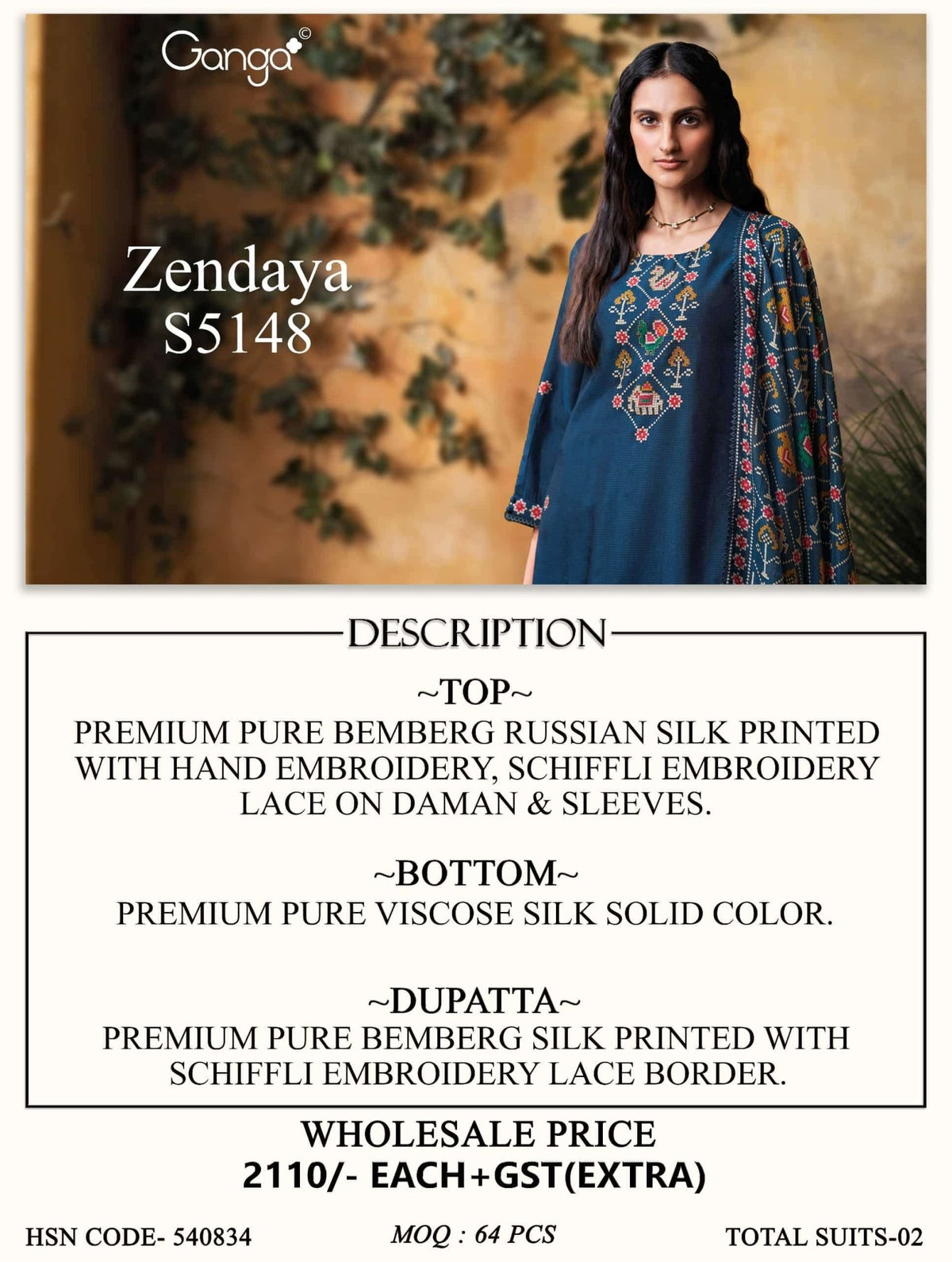 Ganga Fashion Zendaya 5148 Pure Bemberg Russian Silk Dress Material - Amrah Wholesale