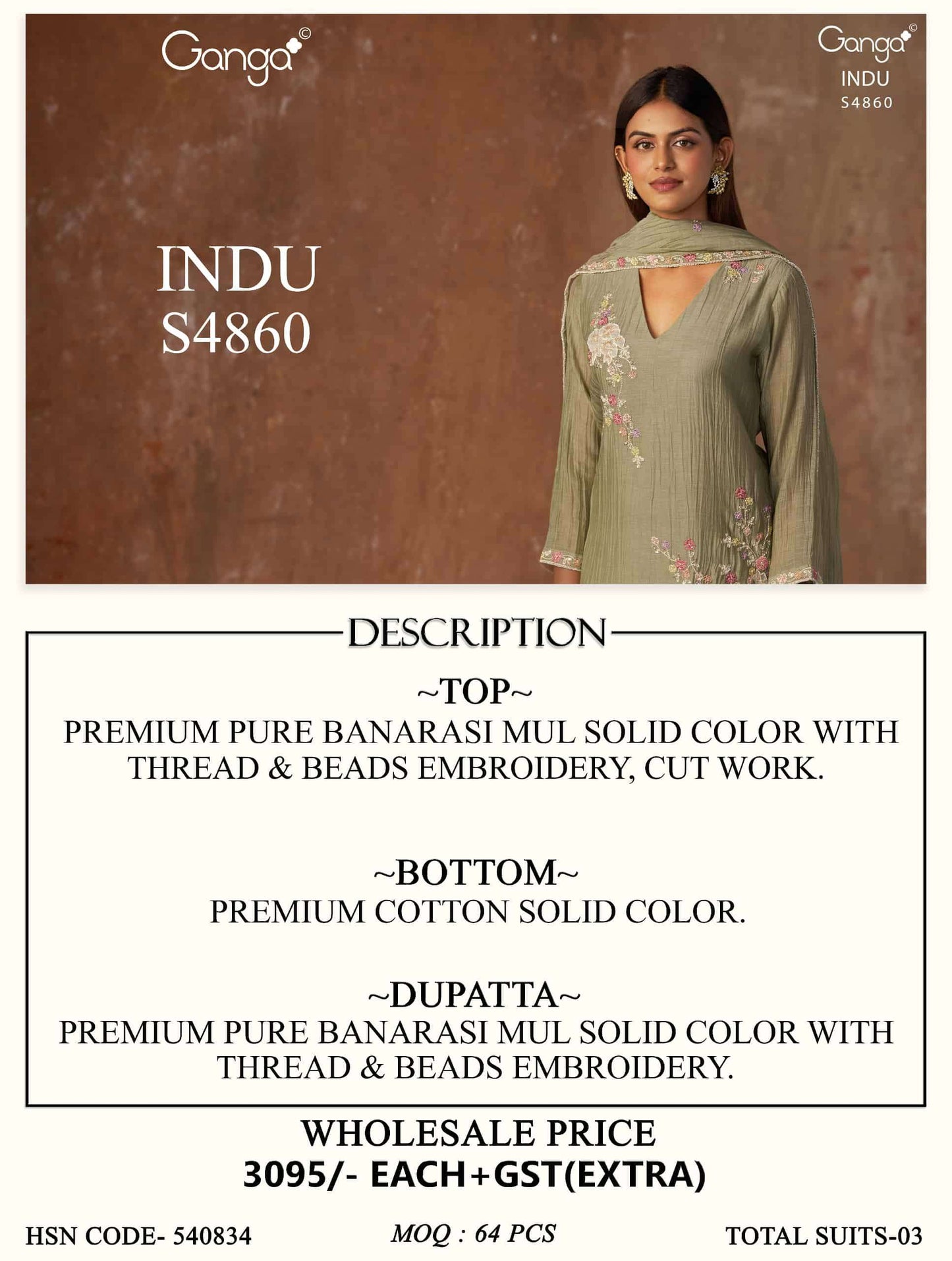 Ganga Fashion Indu 4860 Pure Banarasi Mul Designer Dress Material