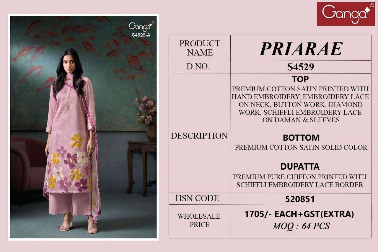 Ganga Fashion Priarae 4529 Cotton Satin Embroidered Dress Material