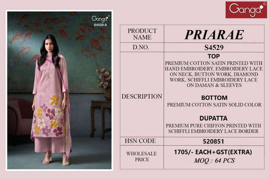 Ganga Fashion Priarae 4529 Cotton Satin Embroidered Dress Material