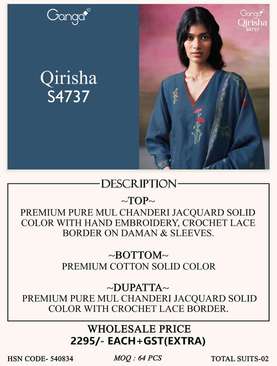 Ganga Fashion Qirisha 4737 Pure Mul Chanderi Dress Material