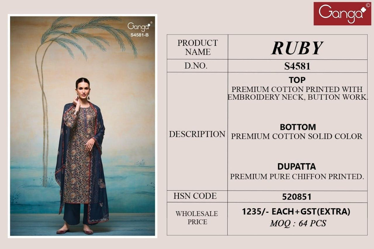 Ganga Ruby 4581 Cotton Printed Embroidered Dress Material - Amrah Wholesale