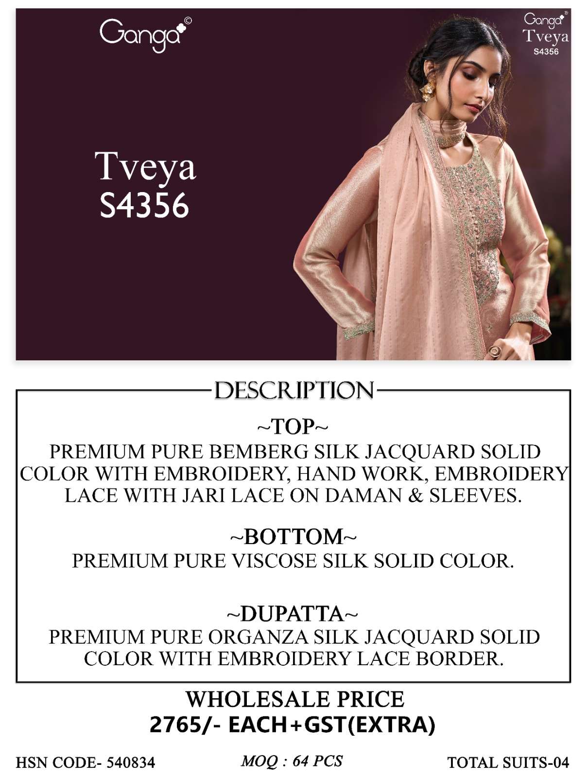Ganga Fashion Tveya 4356 Pure Bemberg Silk Dress Material