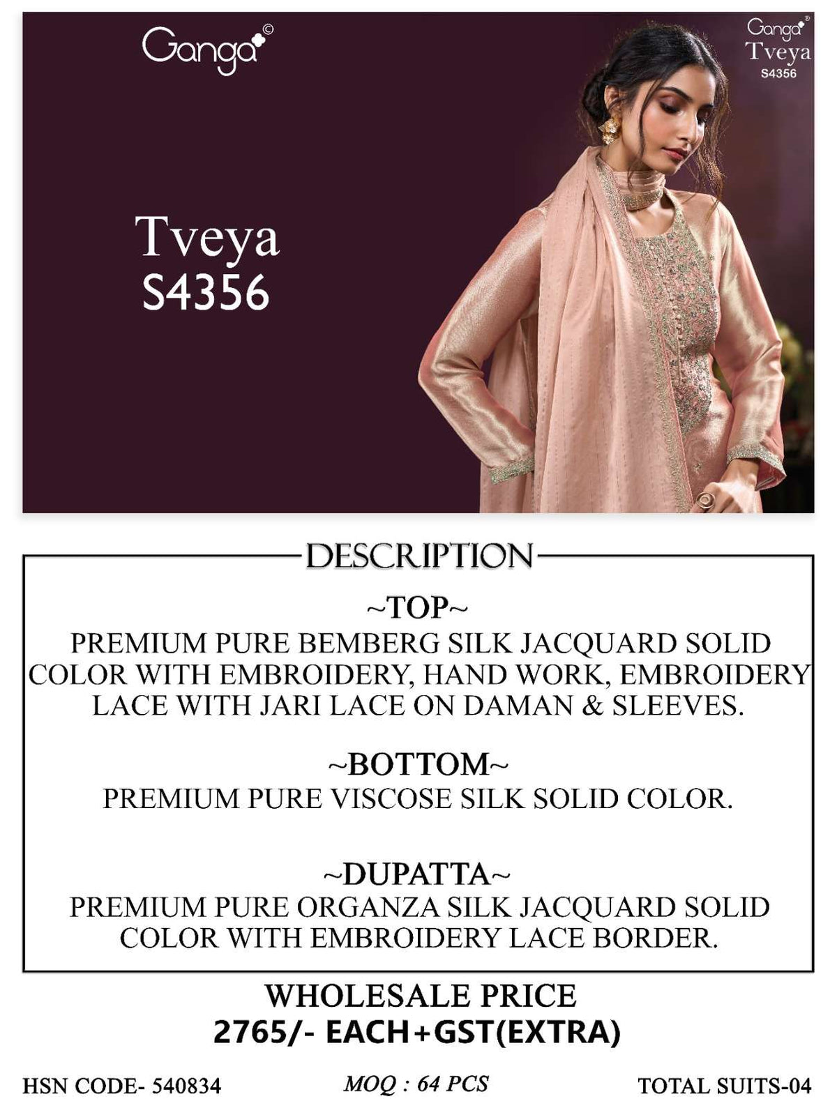 Ganga Fashion Tveya 4356 Pure Bemberg Silk Dress Material