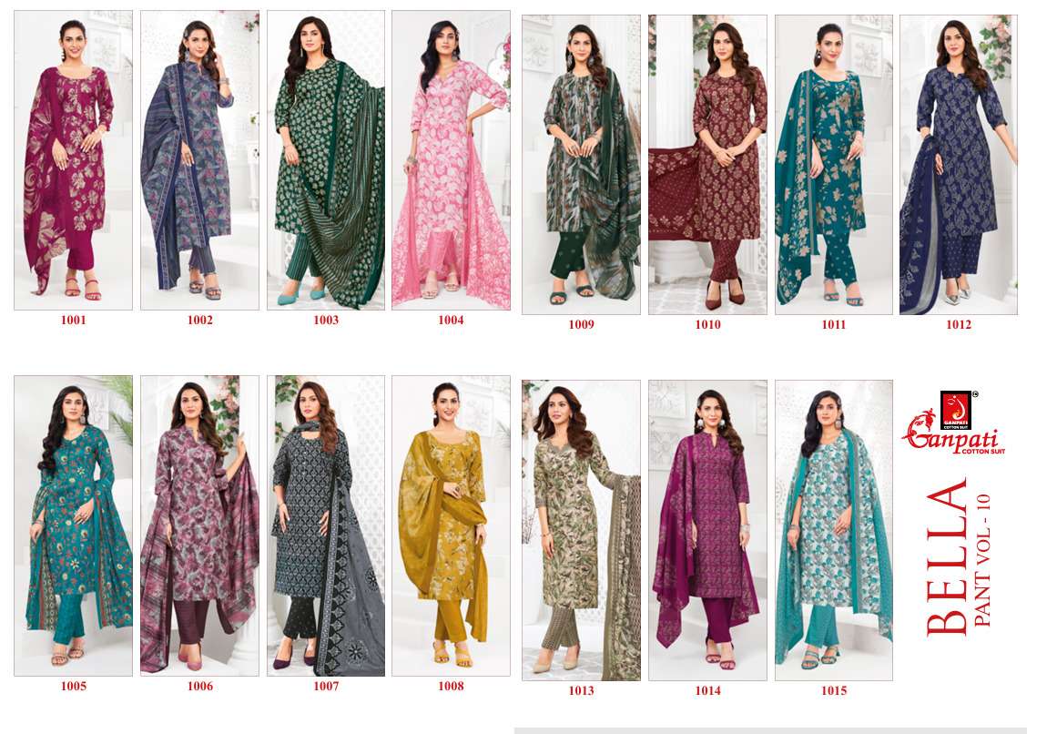 Ganpati Cotton Bella Vol 10 Pure Cotton Kurti Pant Dupatta Set