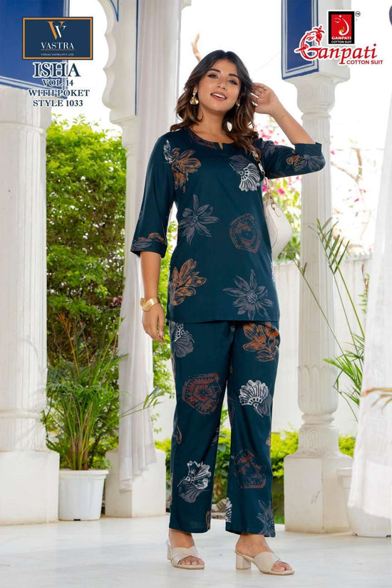 Ganpati Cotton Isha Vol 14 Rayon Printed Co Ord Set