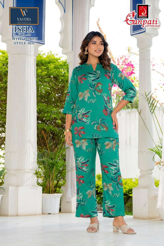 Ganpati Cotton Isha Vol 14 Rayon Printed Co Ord Set