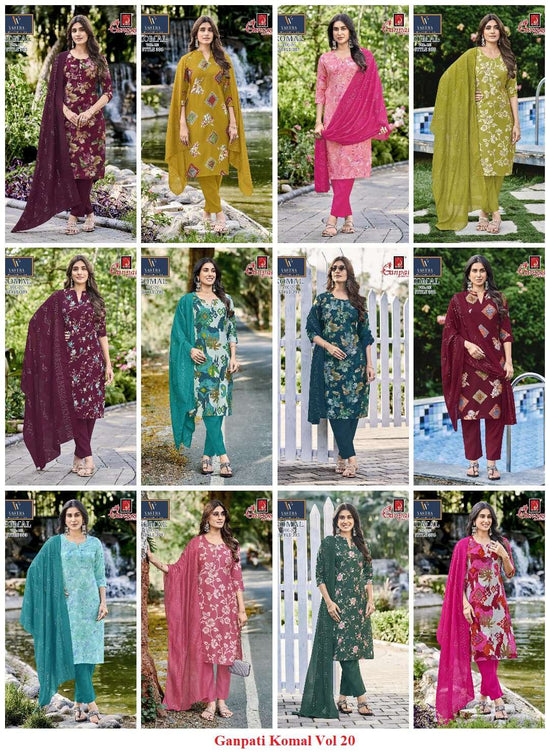 Ganpati Komal Vol 20 Vatican Slub Kurti Pant Dupatta Set