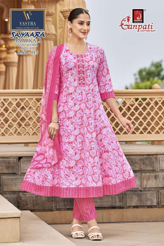 Ganpati Cotton Saiyaara Vol 3 Heavy Cotton Anarkali Kurti Pant Dupatta Set