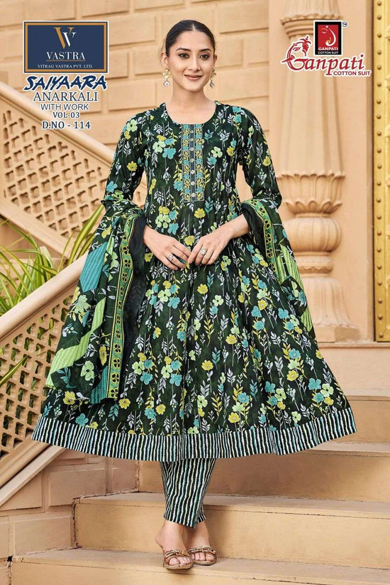Ganpati Cotton Saiyaara Vol 3 Heavy Cotton Anarkali Kurti Pant Dupatta Set
