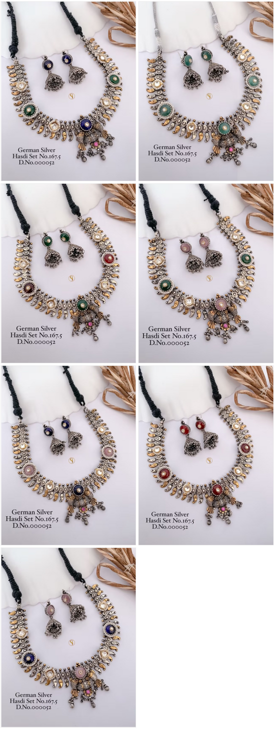 German Silver Stone Hasdi Set 16 Oxidized Necklace Set