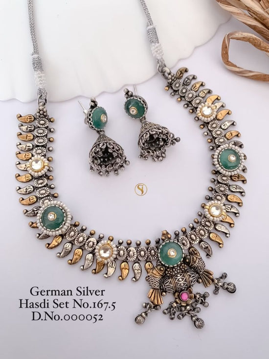 German Silver Stone Hasdi Set 16 Oxidized Necklace Set