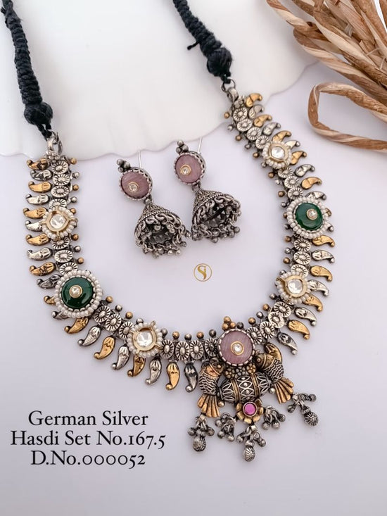 German Silver Stone Hasdi Set 16 Oxidized Necklace Set
